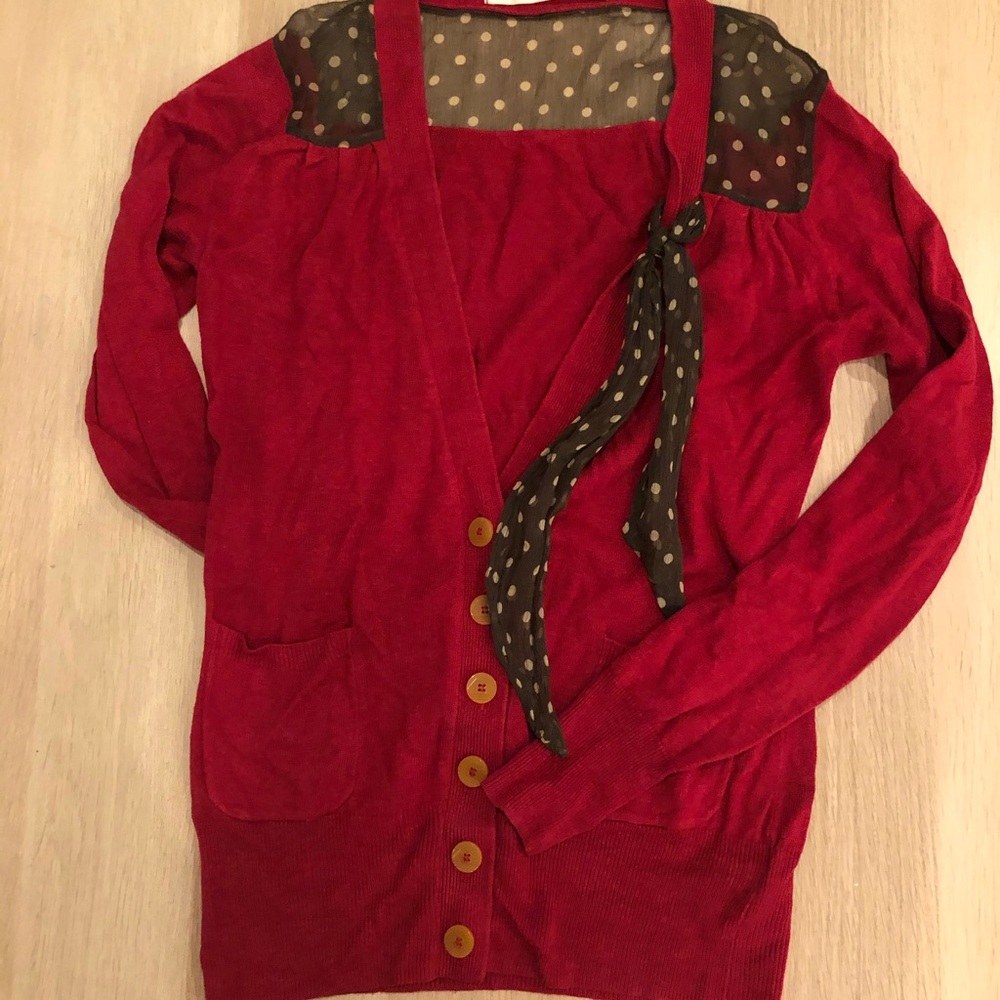 Anthropologie cardigan with fun polka dot detail